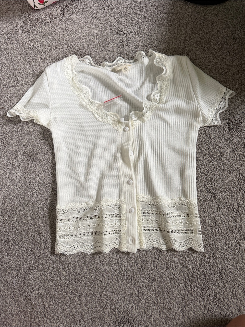 Caution To The Wind Cream Ribbed Lace-Trim Button Front Tee